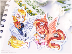 Size: 3968x2976 | Tagged: safe, artist:kitten-in-the-jar, oc, oc only, oc:serenity, oc:white feather, species:pegasus, species:pony, baby, baby pony, featureless crotch, female, flower, flower in hair, male, mare, serenither, stallion, traditional art