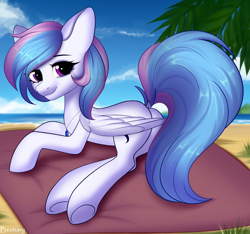 Size: 4000x3748 | Tagged: safe, artist:bestiary, oc, oc only, oc:starburn, species:pegasus, species:pony, beach, bedroom eyes, butt, female, jewelry, necklace, plot, solo, water, ych result