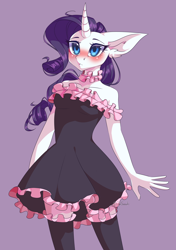Size: 3000x4251 | Tagged: safe, artist:jun1313, character:rarity, species:anthro, species:pony, species:unicorn, adorasexy, bare shoulders, beautiful, blushing, breasts, choker, clothing, curved horn, cute, delicious flat chest, dress, female, flatchestity, frilly, frilly dress, frilly socks, horn, mare, purple background, raribetes, sexy, shoulderless, simple background, socks, solo, stockings, thigh highs, zettai ryouiki