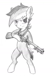 Size: 1046x1414 | Tagged: safe, artist:spackle, oc, oc only, oc:buck evergreen, species:earth pony, species:pony, bandana, bipedal, grayscale, gun, hoof hold, male, monochrome, mossberg 590a1, pencil drawing, shotgun, simple background, solo, stallion, traditional art, weapon, white background, who needs trigger fingers
