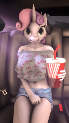 Size: 2160x3840 | Tagged: safe, artist:renaclock, character:sweetie belle, species:anthro, belly button, big breasts, breasts, busty sweetie belle, car, car interior, clothing, desperation, female, midriff, need to pee, older, older sweetie belle, omorashi, potty emergency, potty time, shorts, soda, solo