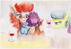 Size: 2000x1364 | Tagged: safe, artist:mandumustbasukanemen, character:aunt holiday, character:auntie lofty, character:scootaloo, species:pony, ship:lofty day, alcohol, female, lesbian, sad, shipping, traditional art, wine