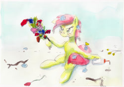 Size: 2000x1400 | Tagged: safe, artist:mandumustbasukanemen, character:roseluck, species:pony, newbie artist training grounds, atg 2019, female, flower, flower in hair, glue, solo, stick, traditional art