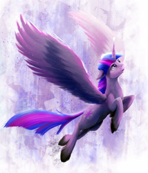 Size: 2000x2341 | Tagged: safe, artist:akurion, character:twilight sparkle, character:twilight sparkle (alicorn), species:alicorn, species:pony, abstract background, female, flying, mare, solo