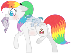 Size: 1024x759 | Tagged: safe, artist:rainbowpawsarts, oc, oc:masato, oc:nora, oc:rainbow paws, parent:oc:chalk, parent:oc:rainbow paws, parents:oc x oc, species:pegasus, species:pony, alternate universe, blushing, carrying, colt, cute, female, filly, hairband, male, mare, mouth hold, multicolored hair, offspring, pegasus oc, ponytail, pregnant, rainbow hair, scruff, simple background, sleeping, white background