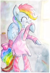 Size: 1280x1849 | Tagged: safe, artist:mandumustbasukanemen, character:rainbow dash, species:pony, clothing, dress, female, girly, solo, tomboy taming, traditional art