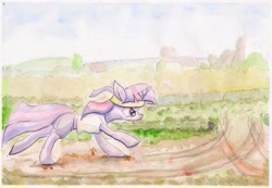 Size: 1280x885 | Tagged: safe, artist:mandumustbasukanemen, character:twilight sparkle, species:pony, species:unicorn, clothing, female, running, solo, sports, traditional art