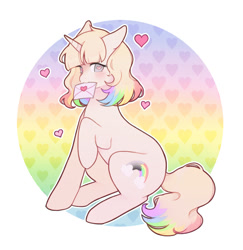 Size: 1060x1089 | Tagged: safe, artist:serafelis, oc, oc only, species:pony, species:unicorn, abstract background, female, heart, heart eyes, letter, mare, mouth hold, solo, wingding eyes