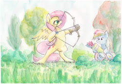 Size: 2000x1383 | Tagged: safe, artist:mandumustbasukanemen, character:fluttershy, character:rainbow dash, species:pegasus, species:pony, newbie artist training grounds, archery, atg 2019, bow (weapon), duo, traditional art
