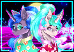 Size: 4961x3508 | Tagged: safe, artist:dankpegasista, character:princess celestia, character:princess luna, species:pony, episode:between dark and dawn, g4, my little pony: friendship is magic, 80's fashion, aesthetics, palms, royal sisters