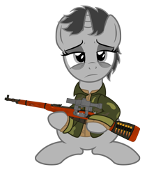 Size: 1136x1266 | Tagged: safe, artist:darkstorm619, oc, oc:dossier, species:pony, species:unicorn, bullet, clothing, gun, holding, jacket, mosin nagant, simple background, solo, tired, transparent background, weapon