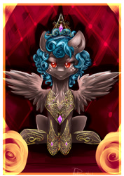 Size: 3508x4961 | Tagged: safe, artist:dankpegasista, character:cozy glow, species:pegasus, species:pony, bad end, big crown thingy, evil grin, female, filly, gemstones, grin, jewelry, pure concentrated unfiltered evil of the utmost potency, pure unfiltered evil, queen, red eyes, regalia, royalty, smiling, solo, throne