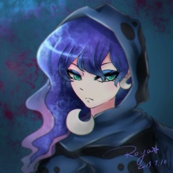 Size: 1000x1000 | Tagged: safe, artist:roya, character:princess luna, species:human, episode:a hearth's warming tail, g4, my little pony: friendship is magic, bust, cloak, clothing, crescent moon, ear piercing, earring, female, humanized, jewelry, lidded eyes, moon, piercing, pixiv, portrait, solo, spirit of hearth's warming yet to come