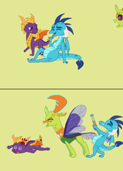 Size: 2268x3150 | Tagged: safe, artist:someguy458, derpibooru original, character:princess ember, character:thorax, species:changeling, species:dragon, species:reformed changeling, series:rubyandfriends, series:tpaplop, alternate universe, angry, baseball bat, changeling x dragon, digital art, embrax, female, funny, jealous, laughing, male, moma ember, pregnant, redraw, shipping, simple background, spyro the dragon, straight