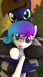 Size: 1080x1920 | Tagged: safe, artist:kowalskicore, oc, oc:aurora starling, oc:katharina lazuli, species:anthro, species:earth pony, species:pony, species:unicorn, 3d, anthro with ponies, between breasts, cute, holding a pony, source filmmaker