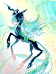 Size: 672x900 | Tagged: safe, artist:fleebites, character:queen chrysalis, species:changeling, abstract background, changeling queen, female, lidded eyes, rearing, solo, traditional art