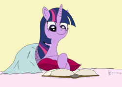 Size: 1920x1357 | Tagged: safe, artist:darkdabula, character:twilight sparkle, character:twilight sparkle (alicorn), species:alicorn, species:pony, newbie artist training grounds, atg 2019, blanket, book, female, pillow, reading, solo