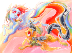 Size: 900x670 | Tagged: safe, artist:fleebites, character:daring do, character:rainbow dash, species:pegasus, species:pony, duo, female, flying, long tail, looking at each other, mare