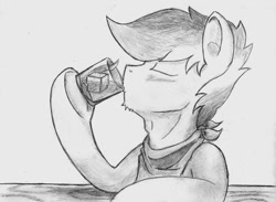 Size: 1380x1008 | Tagged: safe, artist:spackle, oc, oc only, oc:buck evergreen, species:earth pony, species:pony, alcohol, bandana, blushing, drinking, eyes closed, grayscale, hoof hold, male, monochrome, pencil drawing, simple background, solo, stallion, table, traditional art, white background
