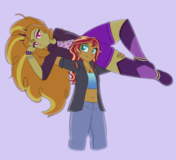 Size: 1280x1169 | Tagged: safe, artist:suchosophie, character:adagio dazzle, character:sunset shimmer, ship:sunsagio, my little pony:equestria girls, adagio is not amused, backlit, belly button, boots, carrying, clothing, digital art, duo, duo female, female, geode of empathy, jacket, jeans, jewelry, lesbian, lifting, magical geodes, makeup, messy hair, midriff, pants, shipping, shoes, shorts, simple background, thighs, thunder thighs, tube top, unamused