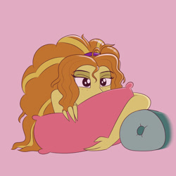 Size: 1280x1280 | Tagged: safe, artist:suchosophie, character:adagio dazzle, species:human, my little pony:equestria girls, bed, bedroom eyes, digital art, female, freckles, headband, lying down, lying on bed, messy hair, nudity, on bed, pillow, pink background, simple background, sleepy, solo, tired