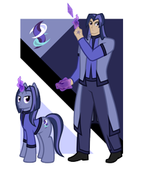 Size: 4800x5800 | Tagged: safe, artist:cyril_deroach, oc, oc:dream writer, species:human, species:pony, species:unicorn, art pack:equestria humanized project, abstract background, clothing, coat, cutie mark, duo, duo male, humanized, long hair, magic, male, shirt, show accurate, simple background, stallion, transparent background