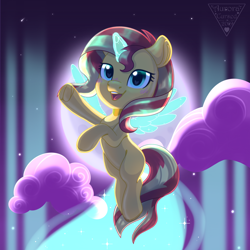 Size: 1800x1800 | Tagged: safe, artist:auroracursed, character:sunset shimmer, species:pony, species:unicorn, cloud, ethereal wings, female, flying, glowing horn, heart eyes, horn, moon, night, signature, sky, solo, wingding eyes, wings