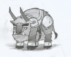 Size: 1123x901 | Tagged: safe, artist:newman134, species:buffalo, species:pony, cloven hooves, fangs, grayscale, horns, minecraft, mob, monochrome, ponified, ravager (minecraft), solo, thick eyebrows, traditional art