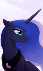 Size: 960x1580 | Tagged: safe, artist:akeahi, character:princess luna, species:alicorn, species:pony, beautiful, cropped, cute, ethereal mane, eyeshadow, female, floppy ears, flowing mane, folded wings, frown, looking away, lunabetes, makeup, mare, missing accessory, solo, wings