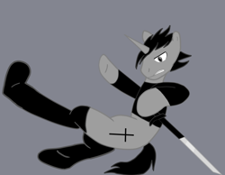 Size: 728x566 | Tagged: safe, artist:ruchiyoto, edit, oc, oc:black cross, species:pony, species:unicorn, kicking, solo, sword, weapon