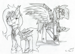 Size: 4000x2908 | Tagged: safe, artist:adilord, oc, oc:annie dreamer, oc:think drizzle, species:bat pony, species:pegasus, species:pony, amputee, artificial wings, augmented, aviator goggles, duo, female, male, mare, mechanical, mechanical wing, monochrome, prosthetic limb, prosthetic wing, prosthetics, stallion, steampunk, traditional art, wings
