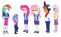 Size: 1884x1144 | Tagged: safe, artist:someguy458, character:clear sky, character:fluttershy, character:pinkie pie, character:quibble pants, character:rainbow dash, character:wind sprint, episode:common ground, g4, my little pony: friendship is magic, my little pony:equestria girls, buckball, clothing, cute, digital art, equestria girls interpretation, equestria girls-ified, freckles, mary janes, overalls, scene interpretation, shoes, simple background, skirt, sneakers, socks, transparent background