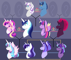 Size: 1950x1650 | Tagged: safe, artist:purplegrim40, character:night light, character:princess cadance, character:princess flurry heart, character:shining armor, character:tempest shadow, character:twilight sparkle, character:twilight sparkle (alicorn), character:twilight velvet, oc, parent:princess cadance, parent:shining armor, parent:tempest shadow, parent:twilight sparkle, parents:shiningcadance, parents:tempestlight, species:alicorn, species:pony, ship:nightvelvet, ship:shiningcadance, ship:tempestlight, family tree, female, lesbian, magical lesbian spawn, male, offspring, shipping, straight