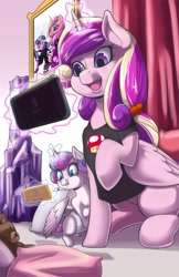 Size: 1650x2550 | Tagged: safe, artist:princrim, character:princess cadance, character:princess flurry heart, character:shining armor, species:alicorn, species:pony, baby, bust, clothing, cute, diaper, family photo, female, foal, levitation, magic, mama cadence, mare, mother and daughter, mushroom, nintendo switch, open mouth, pillow, playing, scrunchy face, shirt, sitting, smiling, super mario bros., teddy bear, telekinesis