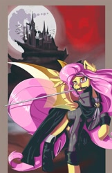 Size: 1650x2550 | Tagged: safe, artist:princrim, character:flutterbat, character:fluttershy, character:nightmare moon, character:princess luna, species:bat pony, species:pony, alucard, alucard (castlevania), alushy, alushy (castlevania version), badass, bat ponified, castle, castlevania, clothing, female, flutterbadass, full moon, mare, mare in the moon, moon, mouth hold, race swap, raised hoof, sword, vampire, weapon