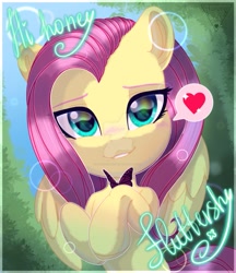 Size: 831x961 | Tagged: safe, artist:auroracursed, character:fluttershy, species:pegasus, species:pony, blushing, bust, butterfly, cute, deviantart watermark, dialogue, female, full face view, heart, hi, hooves to the chest, looking at you, mare, name, obtrusive watermark, outdoors, pictogram, portrait, shyabetes, smiling, solo, speech bubble, watermark, wings