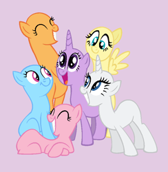 Size: 783x801 | Tagged: safe, artist:rain-approves, oc, oc only, species:pegasus, species:pony, species:unicorn, base, eyes closed, group, horn, mane six opening poses, pegasus oc, prone, smiling, unicorn oc, wings