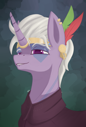 Size: 1720x2550 | Tagged: safe, artist:phi, oc, oc only, species:pony, species:unicorn, equestria at war mod, aztec, bodypaint, clothing, ear piercing, male, piercing, smug, solo