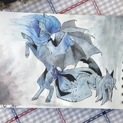 Size: 1080x1080 | Tagged: safe, artist:ghastly_inner_world, character:princess luna, species:alicorn, species:bat pony, species:pony, bat pony alicorn, bat wings, bipedal, female, mare, photo, rearing, traditional art, watercolor painting, wings