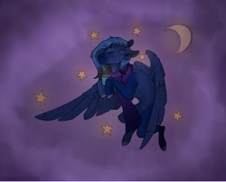 Size: 602x483 | Tagged: safe, artist:ghastly_inner_world, oc, oc only, ponysona, species:pegasus, species:pony, clothing, coffee, cozy, cup, flying, moon, night, scarf, solo, stars