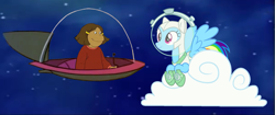 Size: 2233x934 | Tagged: safe, artist:guihercharly, character:rainbow dash, arthur, astrodash, astronaut, clothing, cloud, costume, crossover, francine frensky, glass dome, op is on drugs, spaceship, the jetsons, wat