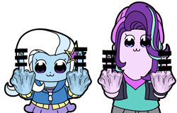Size: 1100x700 | Tagged: safe, alternate version, artist:shrimpshogun, derpibooru original, character:starlight glimmer, character:trixie, ship:startrix, my little pony:equestria girls, aviary of middle fingers, censor bar, censored, female, lesbian, middle finger, pop team epic, shipping, trace, vulgar