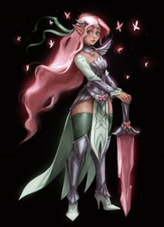 Size: 900x1242 | Tagged: safe, artist:maaronn, character:fluttershy, species:elf, species:human, armor, black background, butterfly, description at source, description is relevant, elf ears, fantasy class, female, high heels, humanized, shoes, simple background, solo, sword, weapon, windswept hair