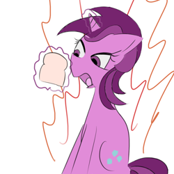 Size: 1000x1000 | Tagged: safe, artist:meme mare, derpibooru original, character:amethyst star, character:sparkler, species:pony, species:unicorn, angry, bread, female, food, magic, on fire, open mouth, simple background, sitting, solo, yelling, yelling at food