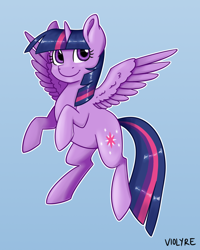 Size: 1280x1600 | Tagged: safe, artist:violyre, artist:violyreart, character:twilight sparkle, character:twilight sparkle (alicorn), species:alicorn, species:pony, colored, female, looking at you, mare, outline, simple background, smiling, solo, spread wings, three quarter view, twilight day, white outline, wings