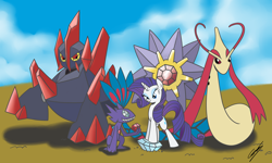Size: 3000x1800 | Tagged: safe, artist:gearholder, character:rarity, crossover, gigalith, milotic, pokémon, sableye, starmie