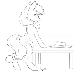 Size: 1456x1429 | Tagged: safe, artist:quadrog, character:applejack, species:earth pony, species:pony, bipedal, bipedal leaning, clothing, cowboy hat, female, hat, leaning, lineart, looking back, mare, monochrome, signature, solo, stetson, table