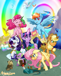 Size: 2000x2500 | Tagged: safe, artist:arteses-canvas, character:apple bloom, character:applejack, character:big mcintosh, character:fluttershy, character:gilda, character:gummy, character:owlowiscious, character:philomena, character:pinkie pie, character:princess celestia, character:rainbow dash, character:rarity, character:scootaloo, character:spike, character:sweetie belle, character:trixie, character:twilight sparkle, character:twilight sparkle (unicorn), character:zecora, species:cockatrice, species:earth pony, species:pegasus, species:pony, species:unicorn, g4, my little pony: friendship is magic, season 1, apple basket, book of harmony, cart, cutie mark crusaders, distressed, female, gala ticket, glowing horn, horn, magic, mane seven, mane six, mare, mare in the moon, measuring tape, moon, pillow, pinkie sense, ponyville, saddle basket, sonic rainboom, spitty pie, spread wings, stare, the stare, ticket, ursa minor, wings, winter wrap up vest
