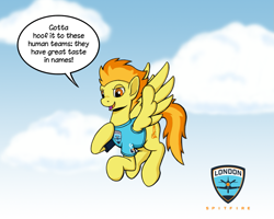 Size: 1217x976 | Tagged: safe, artist:riverfox237, character:spitfire, species:pegasus, species:pony, clothing, cloud, esports, floating, logo, london spitfire, namesake, overwatch, overwatch league, shirt, sky, t-shirt