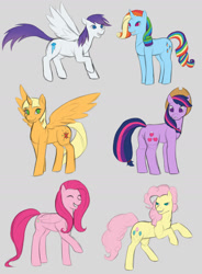 Size: 1369x1859 | Tagged: safe, artist:guiltyp, character:applejack, character:fluttershy, character:pinkie pie, character:rainbow dash, character:rarity, character:twilight sparkle, species:pony, gray background, implied princess twilight, mane six, palette swap, recolor, simple background